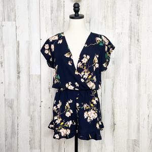 Khloe California Floral Romper Navy Blue Ruffle Beach Vacay Summer Boho Size M